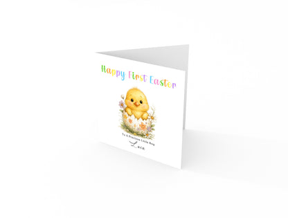 Personalised 1st Happy Easter Card for Baby Girl, Baby Boy with Custom Name and Message - Cute Fluffy Chick Design - First Easter Card for Grandkids, Nephew, Niece, Kids, Little One with Yellow Envelope