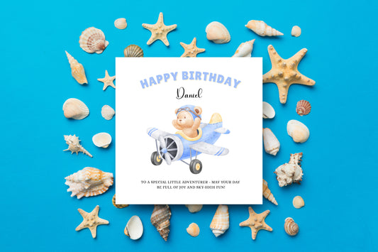 Bear Pilot -Personalised Watercolour Effect Happy Birthday Folded Card for baby Boys, Toddlers, Custom Name & Message Birthday Card, Customisable Birthday Card for Children
