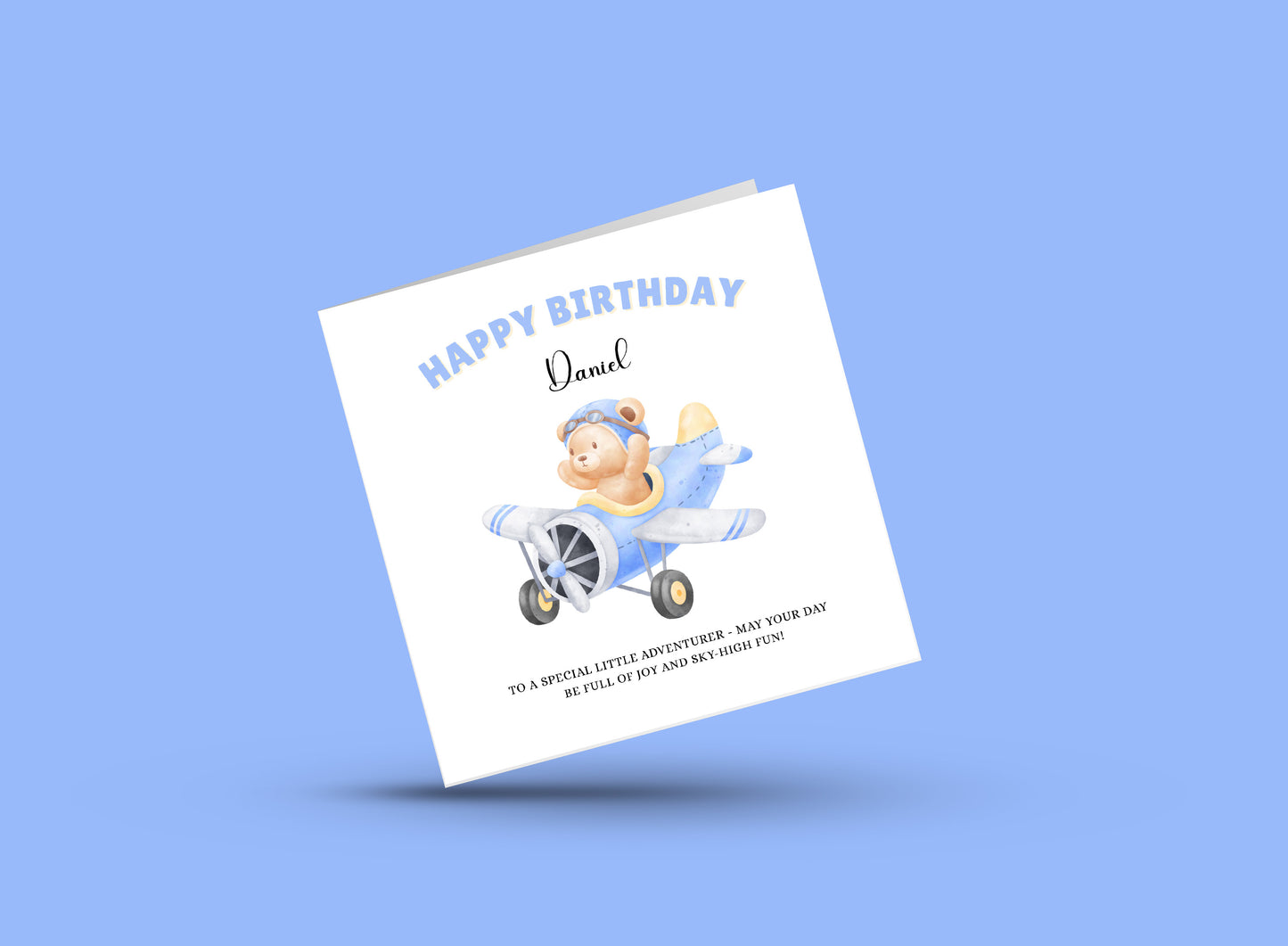 Bear Pilot -Personalised Watercolour Effect Happy Birthday Folded Card for baby Boys, Toddlers, Custom Name & Message Birthday Card, Customisable Birthday Card for Children