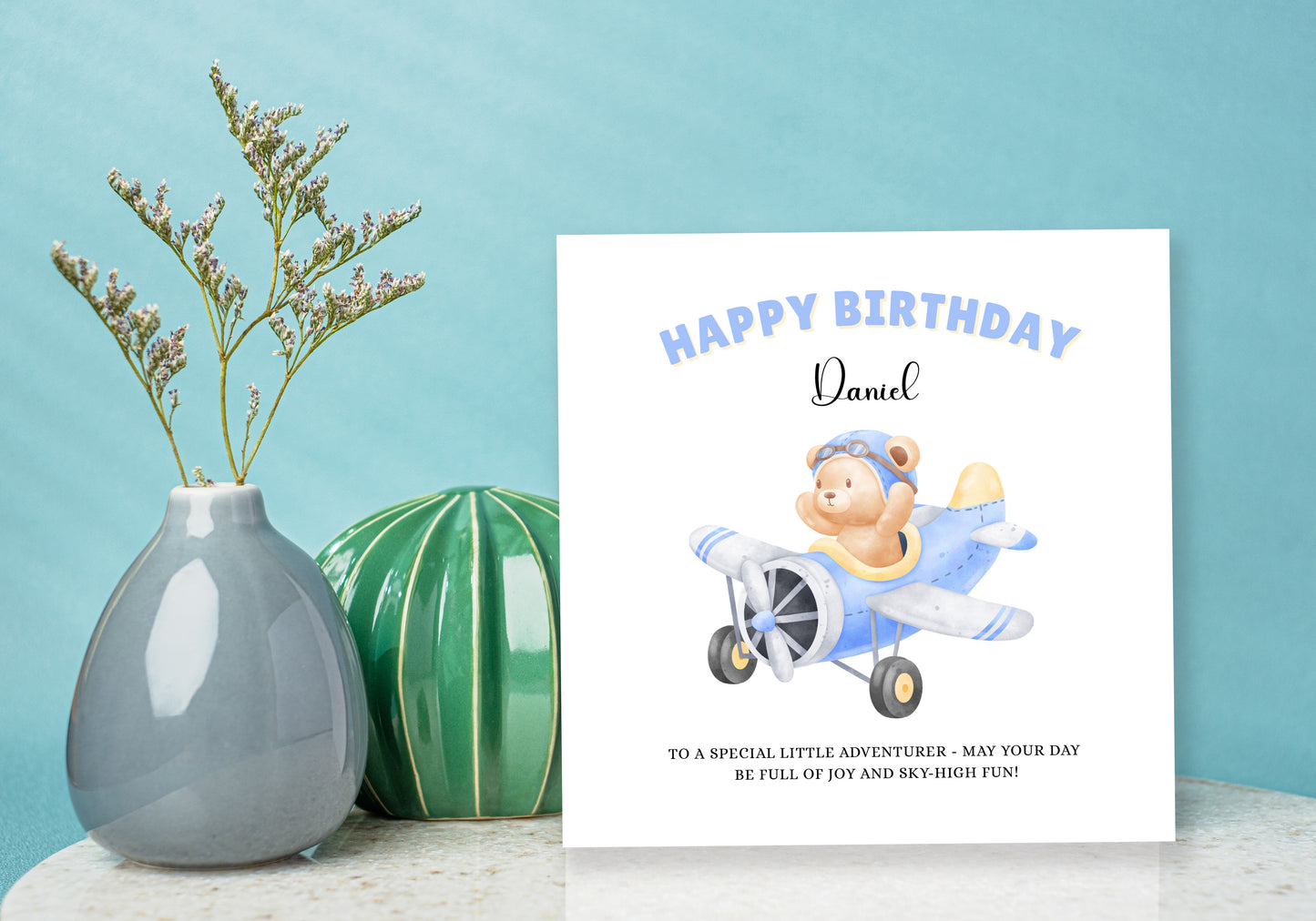 Bear Pilot -Personalised Watercolour Effect Happy Birthday Folded Card for baby Boys, Toddlers, Custom Name & Message Birthday Card, Customisable Birthday Card for Children