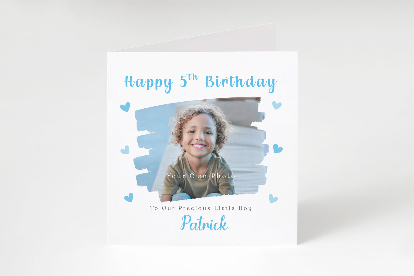 Personalised Photo 5th Birthday Card for Boys – Brush Stroke Frame with Custom Photo, Name & Message, Age 5 Years Old Fifth Birthday Card for Kids, Son, Grandson, Nephew –  Blue Envelope Included