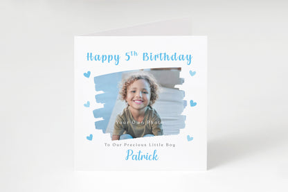 Personalised Photo 5th Birthday Card for Boys – Brush Stroke Frame with Custom Photo, Name & Message, Age 5 Years Old Fifth Birthday Card for Kids, Son, Grandson, Nephew –  Blue Envelope Included