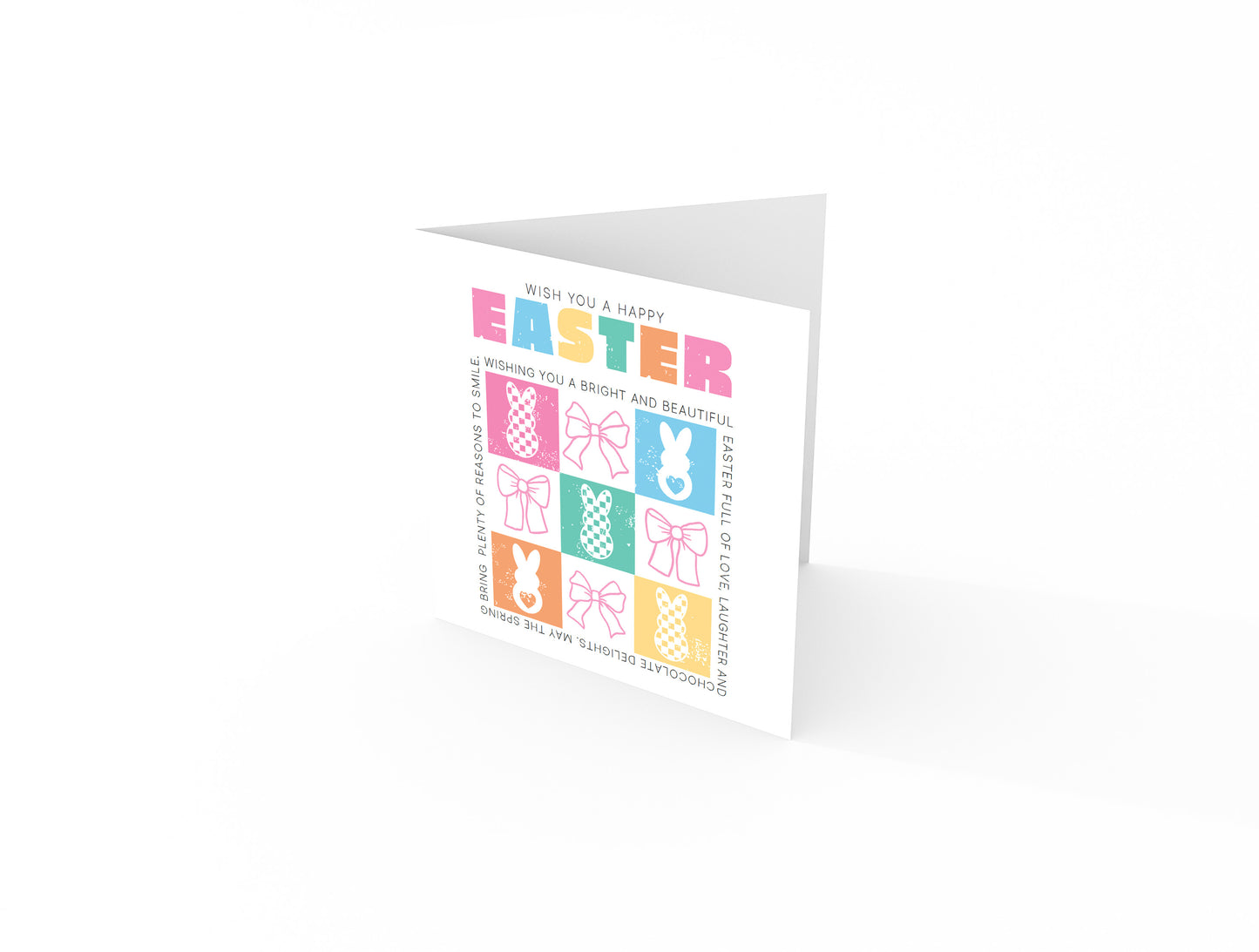 Cute Checkerboard Bunny Happy Easter Card – Bunny & Bow Design – Sweet Easter Wishes and Spring Greeting Card for Family, Girls, Teens, Friends, Kids, Loved Ones - Pink Envelope Included