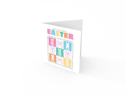 Cute Checkerboard Bunny Happy Easter Card – Bunny & Bow Design – Sweet Easter Wishes and Spring Greeting Card for Family, Girls, Teens, Friends, Kids, Loved Ones - Pink Envelope Included