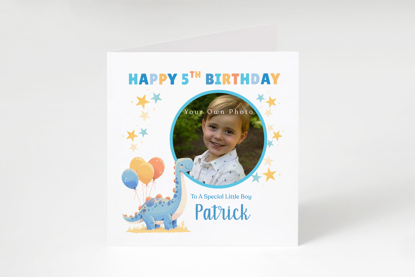 Personalised Photo 5th Birthday Card for Boys – Diplodocus Dinosaur Design with Custom Photo, Name & Message for Age 5 Years Old, Fifth Birthday Kids, Son, Grandson, Nephew –  Blue Envelope Included