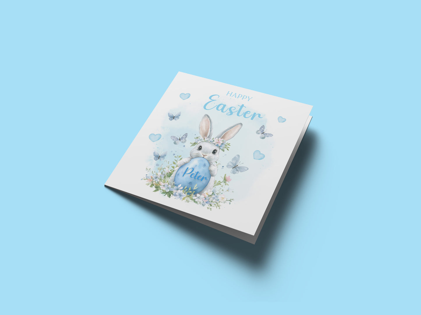 Personalised Happy Easter Bunny Card for Boys with Custom Name - Easter Rabbit and Egg Design for Son, Grandson, Nephew, Kids, Boy, Baby boy, Little One – Blue Envelope Included