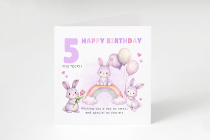 Purple Bunny 5 Years Old 5th Birthday Card for Girls – Lilac Rabbit Design with Sweet Message - Age 5 Girl, Kids,Children, Daughter, Granddaughter, Niece - Purple Envelope Included