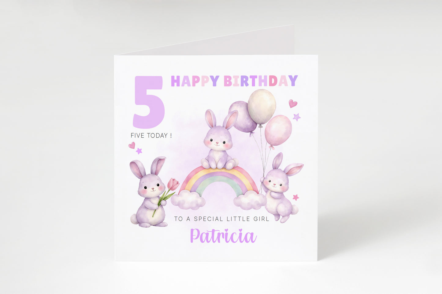 Personalised Bunny 5 Years Old 5th Birthday Card for Girls – Purple Rabbit Design with Custom Name & Message - Age 5 Girl, Kids,Children, Daughter, Granddaughter, Niece - Purple Envelope Includeder Niece - Pink Envelope Included