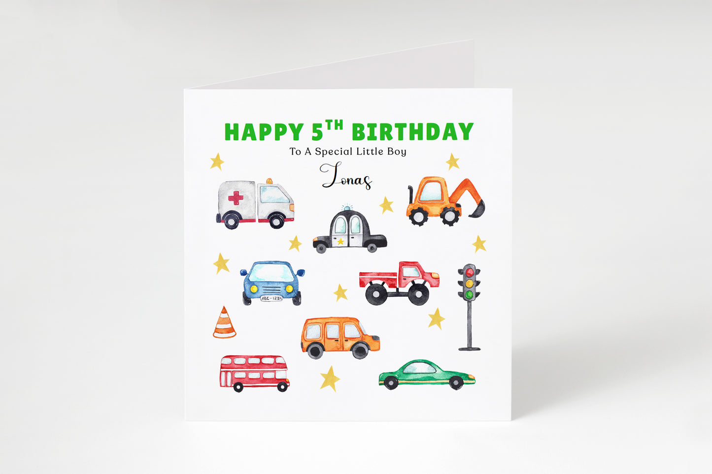 Personalised 5th Birthday Card for Boys - Vehicles and Transport Birthday Card with Custom Name and Message for Age 5 Years Old Kids, Children, Boy, Son, Grandson, Nephew – Green Envelope Included