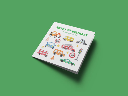 Happy 6th Birthday Card for Boys – Car Digger Bus Design, Boy Vehicle Birthday Card, Age 6 Years Old Birthday Card for Kids, Children, Boy, Son, Grandson, Nephew– Blue Envelope Included