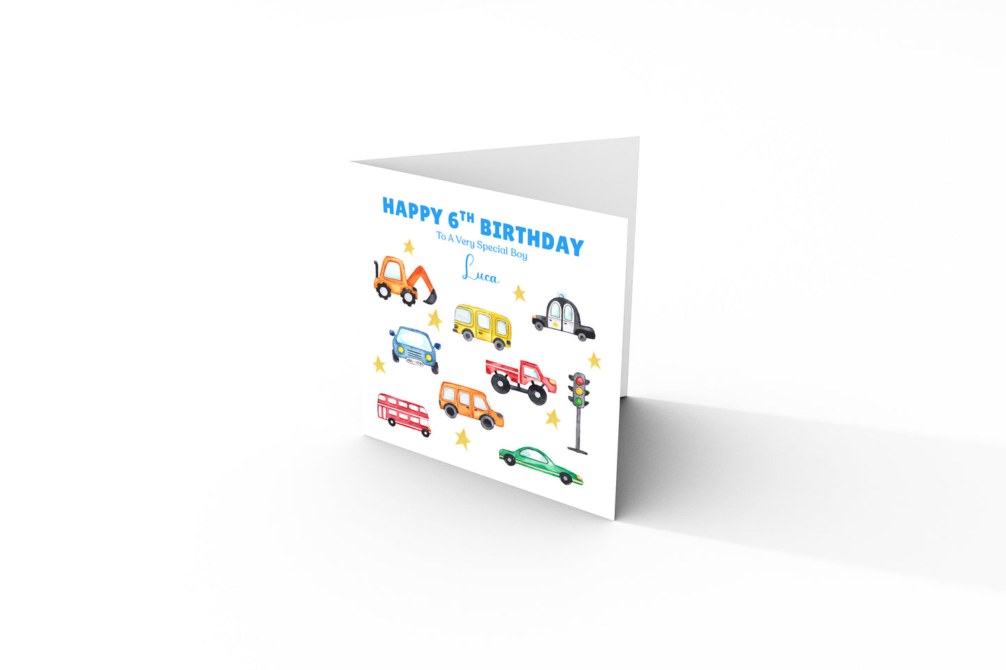 Personalised 6th Birthday Card for Boys – Car Digger Bus Design with Custom Name and Message, Age 6 Years Old Birthday Card for Kids, Children, Boy, Son, Grandson, Nephew– Blue Envelope Included
