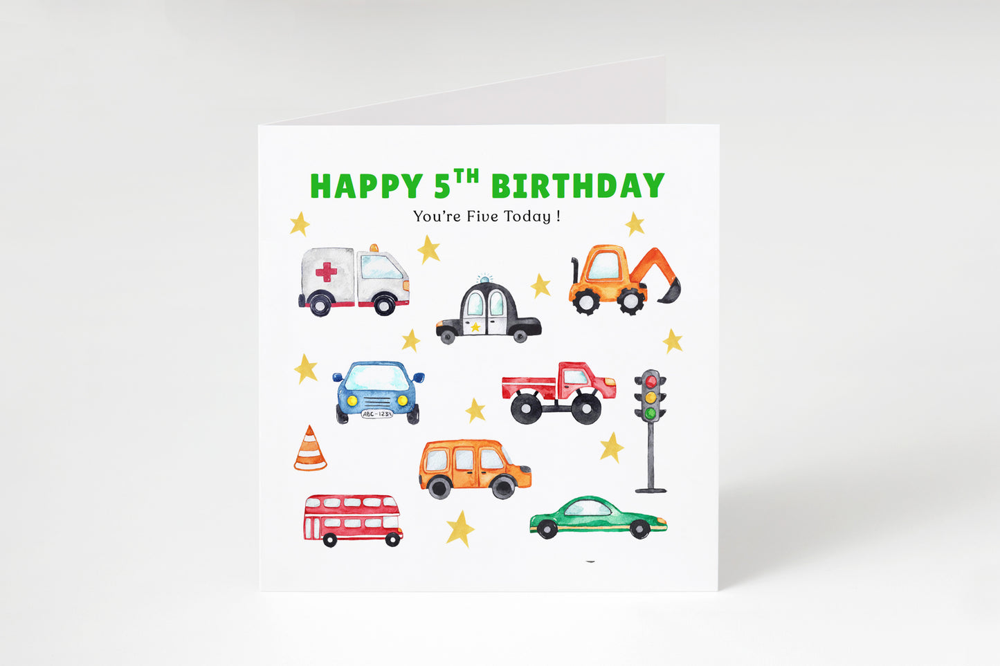 Cute Vehicles 5th Birthday Card for Boys - Transport Theme Birthday Card for Age 5 Years Old Kids, Children, Boy, Son, Grandson, Nephew – Green Envelope Included