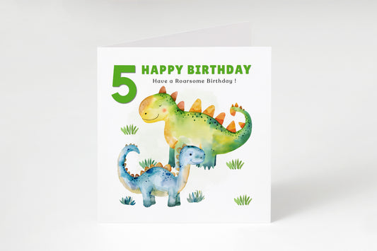 Dinosaur 5th Birthday Card for Boys – Roarsome Dinosaur Birthday Card for Age 5 Years Old, Fifth Birthday Kids, Son, Grandson, Nephew –  Green Envelope Included