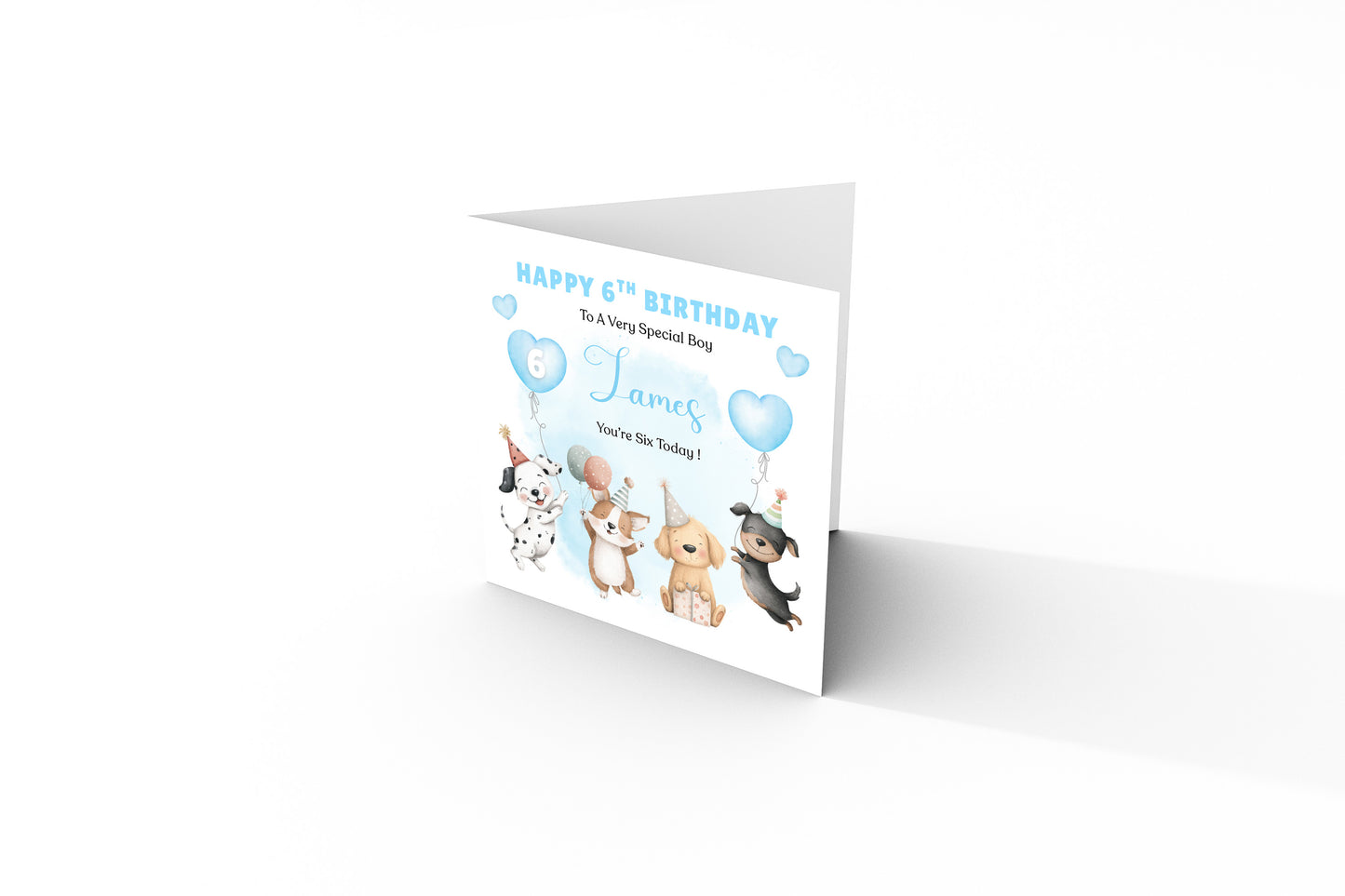 Personalised 6th Birthday Card for Boys – Cute Puppy Dogs Design with Custom Name and Message, Age 6 Years Old Birthday Card for Kids, Children, Boy, Son, Grandson, Nephew– Blue Envelope Included