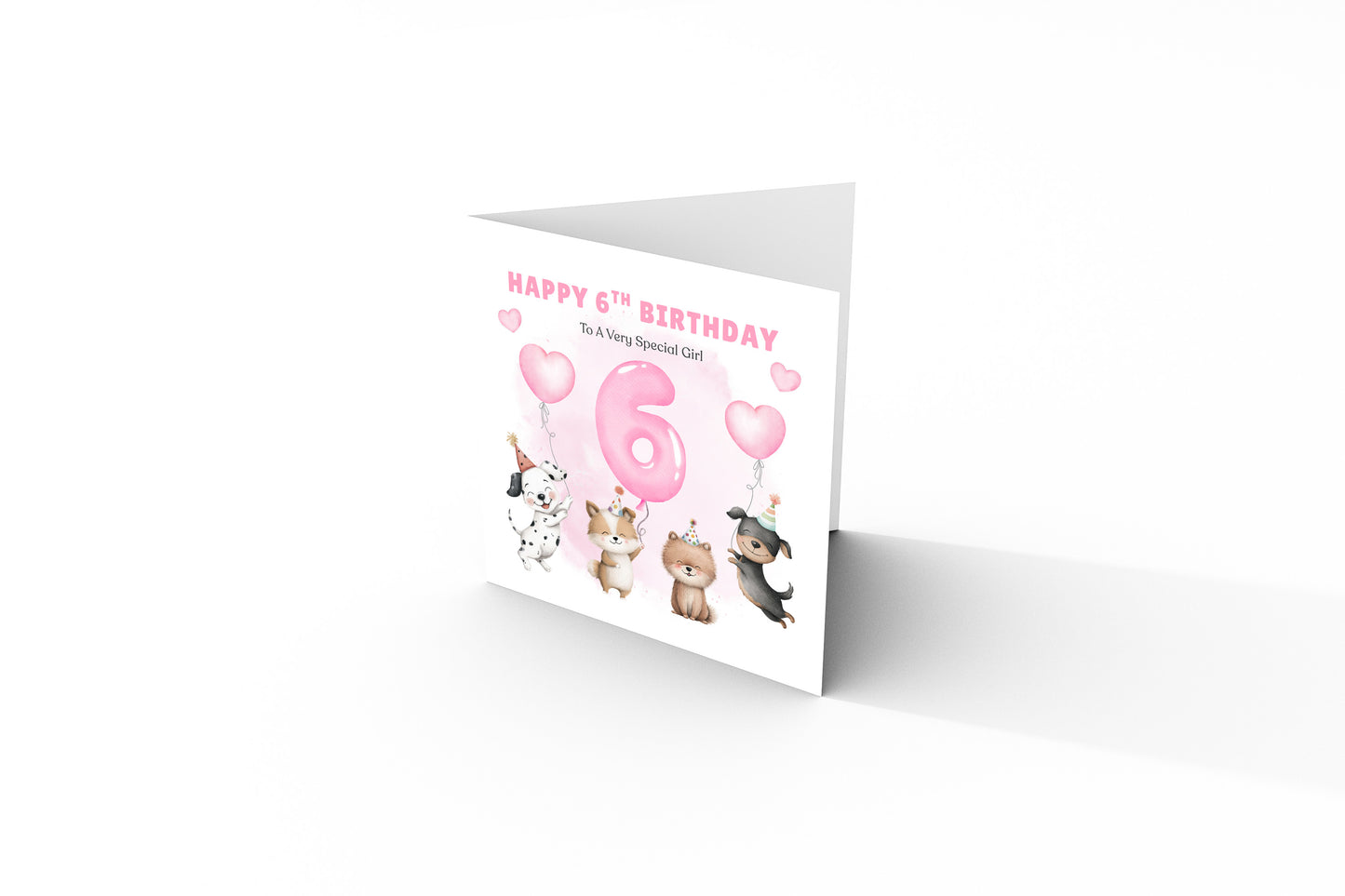 Sweet 6th Birthday Card for Girls - Cute Puppy Dogs and Balloon Design - Happy Birthday Card for Age 6 Years Old Girls, Kids, Daughter, Granddaughter, Niece – Pink Envelope Included