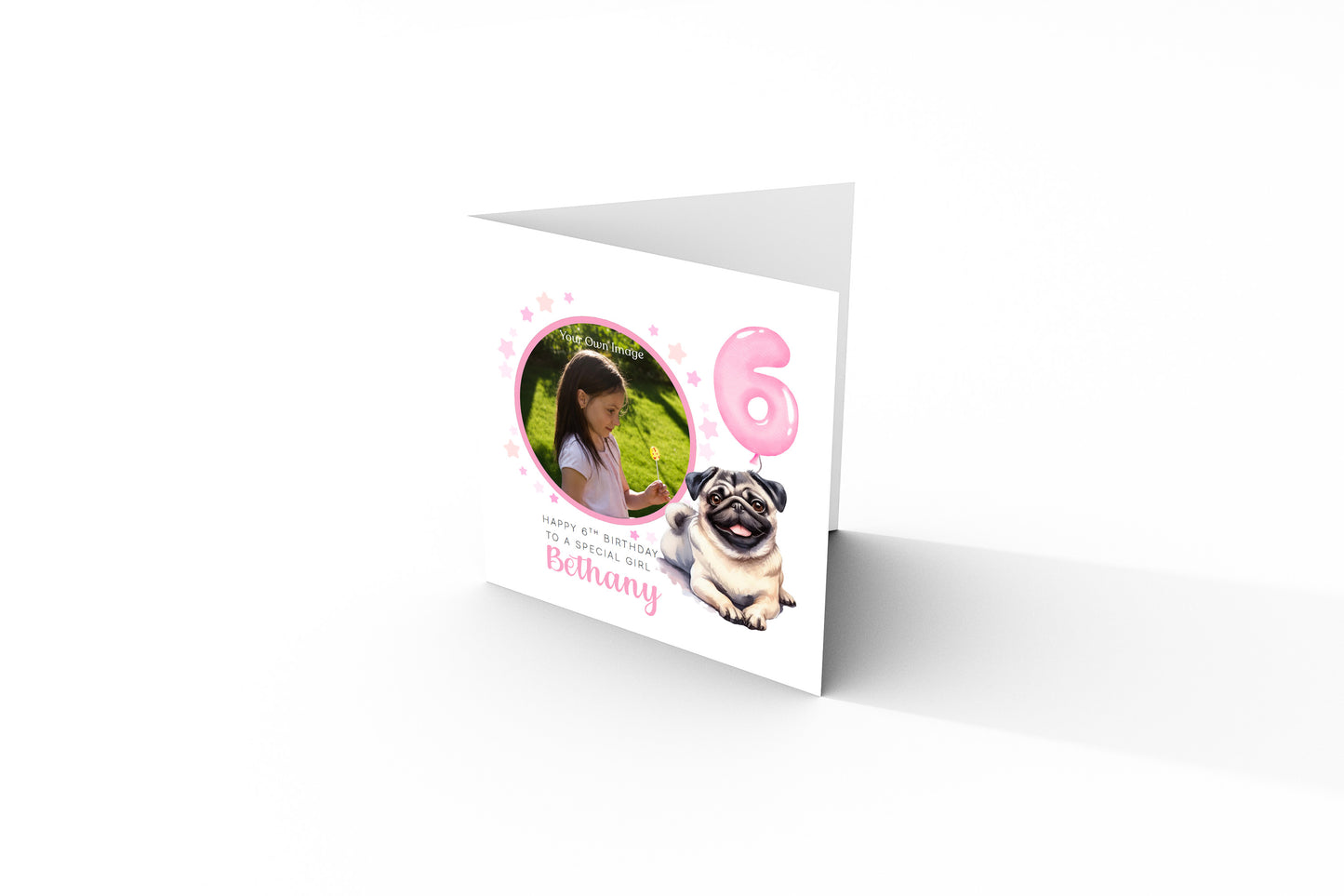 Personalised Photo 6 Years Old 6th Birthday Card for Girls – Pug Dog Design with Custom Name & Message - Age 6 Birthday Card for Dog Lover, Kids Daughter Granddaughter Niece - Pink Envelope Included