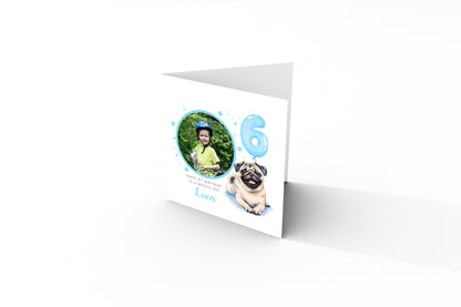 Personalised Photo 6th Birthday Card for Boys – Pug Dog Design with Custom Name and Message, Age 6 Years Old Birthday Card for Dog Lover, Kids, Boy, Son, Grandson, Nephew – Blue Envelope Included
