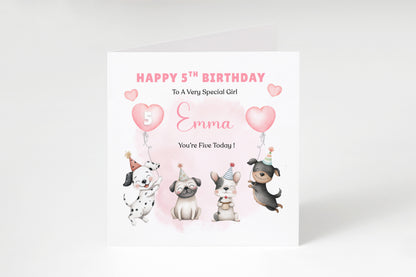 Personalised 5th Birthday Card for Girls – Cute Puppy Dogs Design with Custom Name and Message – Age 5 Years Old Birthday Card for Girls, Kids, Daughter, Granddaughter, Niece – Pink Envelope Included
