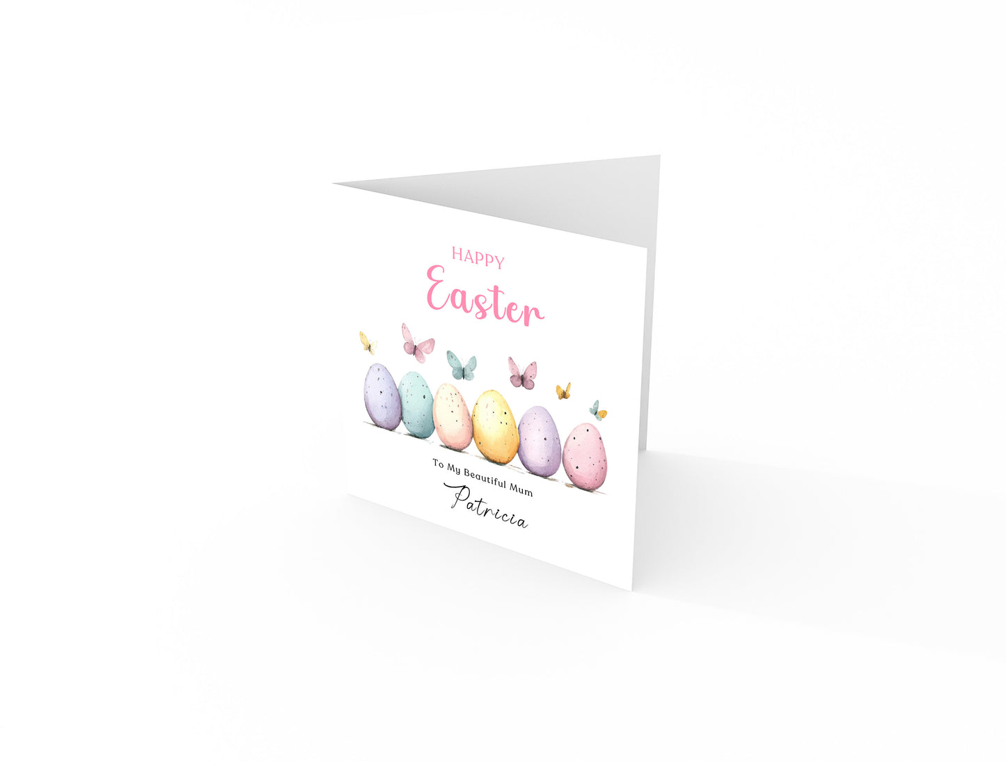Personalised Happy Easter Card with Custom Name and Message - Butterfly with Easter Eggs Design for Her, Mum, Grandma, Auntie, Daughter, Granddaughter, Niece, Girls – Pink Envelope Included