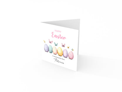 Personalised Happy Easter Card with Custom Name and Message - Butterfly with Easter Eggs Design for Her, Mum, Grandma, Auntie, Daughter, Granddaughter, Niece, Girls – Pink Envelope Included