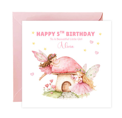 Personalised 5 Years Old 5th Birthday Card for Girls – Magical Fairy Design with Custom Name & Message - Age 5 Birthday Card for Kids Children Daughter Granddaughter Niece - Pink Envelope Included