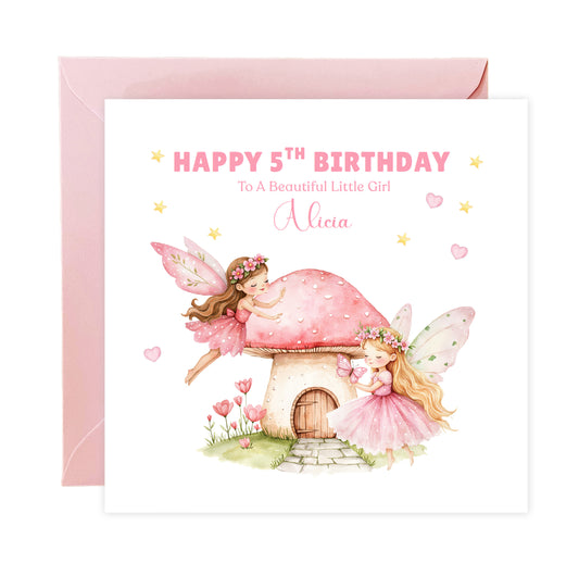 Personalised 5 Years Old 5th Birthday Card for Girls – Magical Fairy Design with Custom Name & Message - Age 5 Birthday Card for Kids Children Daughter Granddaughter Niece - Pink Envelope Included