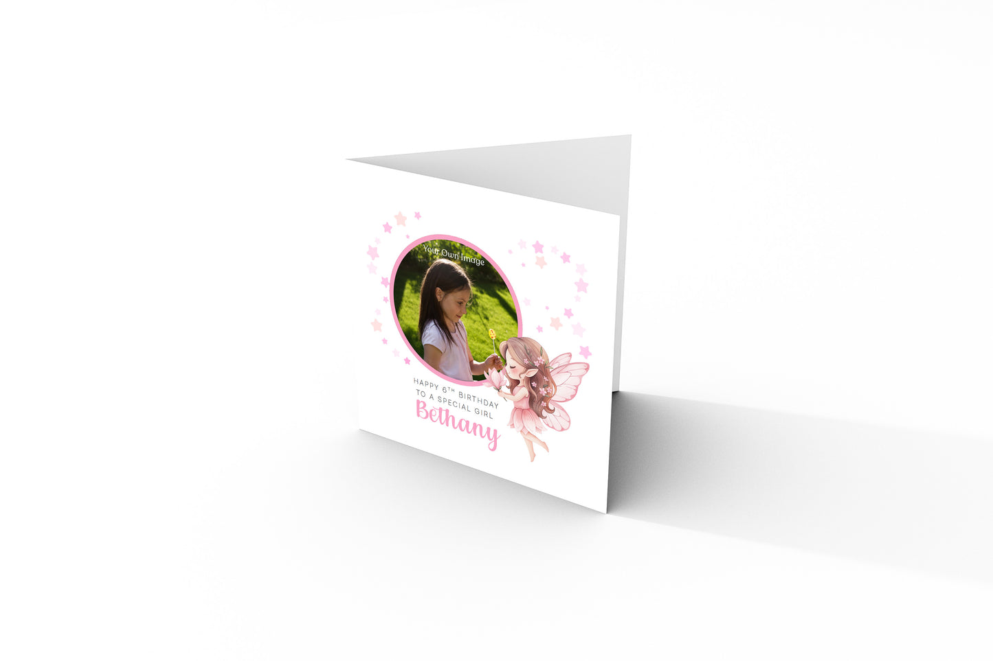 Personalised Photo 6 Years Old 6th Birthday Card for Girls – Fairy Design with Custom Name & Message - Age 6 Birthday Card for Kids Daughter Granddaughter Niece - Pink Envelope Included