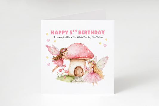 Fairy 5 Years Old 5th Birthday Card for Girls – Magical Fairy and Mushroom House Design for Age 5 Kids, Children, Daughter, Granddaughter, Niece - Pink Envelope Included