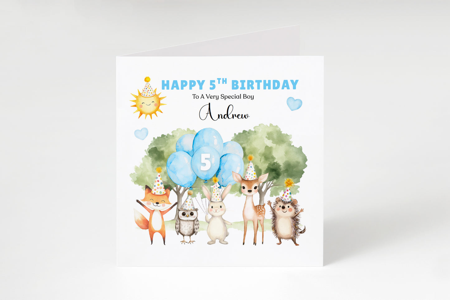 Personalised 5th Birthday Card for Boys – Woodland Animals Design with Custom Name and Message, Age 5 Years Old Birthday Card for Kids, Children, Boy, Son, Grandson, Nephew – Blue Envelope Included