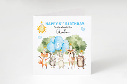 Personalised 5th Birthday Card for Boys – Woodland Animals Design with Custom Name and Message, Age 5 Years Old Birthday Card for Kids, Children, Boy, Son, Grandson, Nephew – Blue Envelope Included