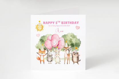 Personalised 5th Birthday Card for Girls – Woodland Animals Design with Custom Name and Message – Age 5 Years Old Birthday Card for Girls, Kids, Daughter, Granddaughter, Niece – Pink Envelope Included