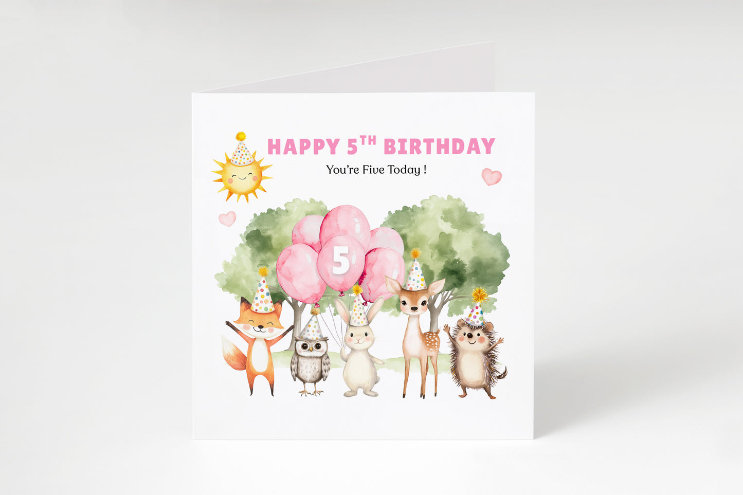 Woodland Animals 5th Birthday Card for Girls – Forest Animals Design Birthday Card for Age 5 Years Old Girl, Kids, Daughter, Granddaughter, Niece – Pink Envelope Included