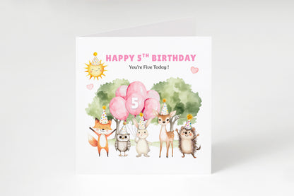 Woodland Animals 5th Birthday Card for Girls – Forest Animals Design Birthday Card for Age 5 Years Old Girl, Kids, Daughter, Granddaughter, Niece – Pink Envelope Included