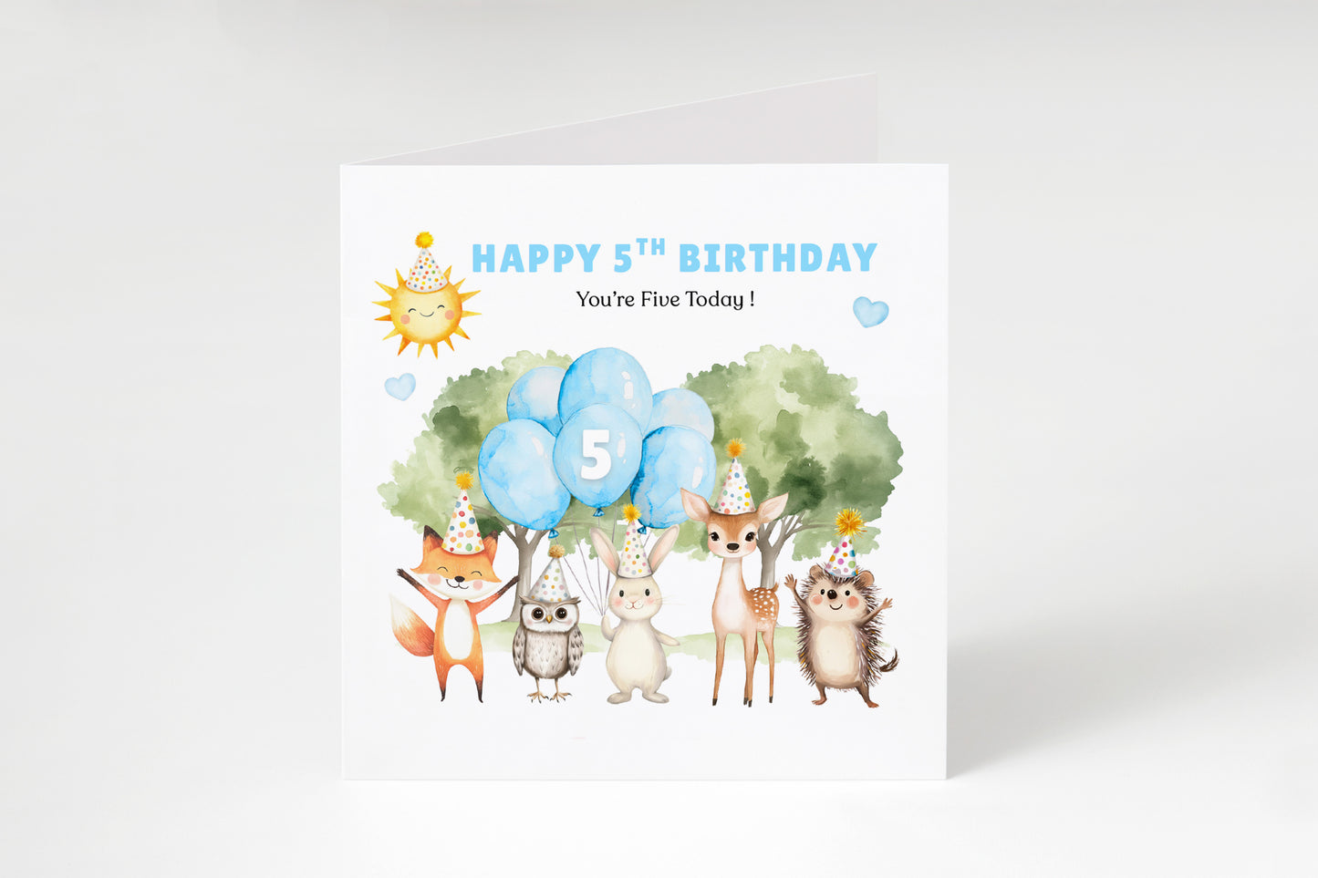 Woodland Animals 5th Birthday Card for Boys – Forest Animals Design Birthday Card for Age 5 Years Old Boy, Kids, Children, Son, Grandson, Nephew – Blue Envelope Included