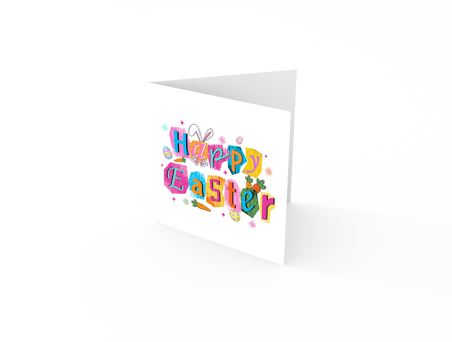 Colorful Bunny, Easter Eggs & Carrot Happy Easter Card – Cute Spring Holiday Card for Family, Teens, Kids, Friends and Loved Ones – Bright Modern Easter Card - Pink Envelope Included