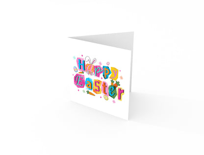 Colorful Bunny, Easter Eggs & Carrot Happy Easter Card – Cute Spring Holiday Card for Family, Teens, Kids, Friends and Loved Ones – Bright Modern Easter Card - Pink Envelope Included