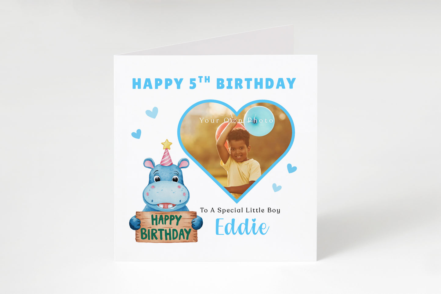 Personalised Photo 5th Birthday Card for Boys – Hippo & Heart Frame with Custom Photo, Name & Message, Age 5 Years Old Fifth Birthday Card for Kids, Son, Grandson, Nephew –  Blue Envelope Included