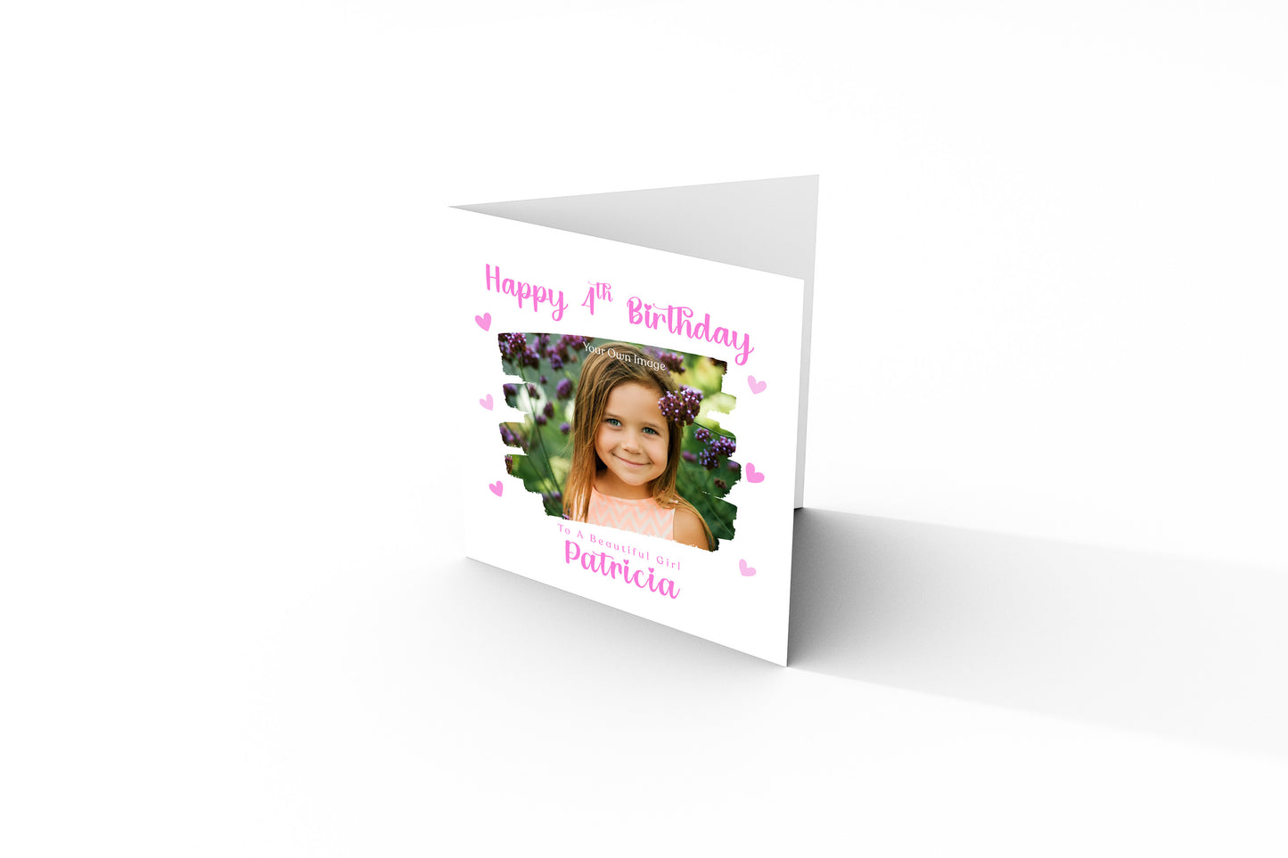Personalised Photo 4 Years Old 4th Birthday Card for Girls – Brush-Stroke Photo Frame with Custom Name & Message - Age 4 Magical Birthday Card for Kids Daughter Granddaughter Niece with Pink Envelope