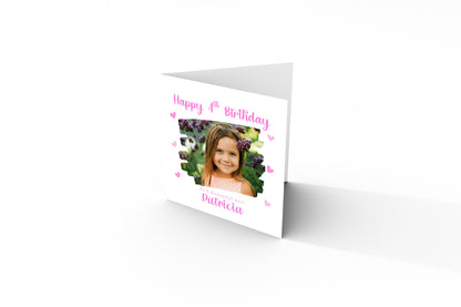 Personalised Photo 4 Years Old 4th Birthday Card for Girls – Brush-Stroke Photo Frame with Custom Name & Message - Age 4 Magical Birthday Card for Kids Daughter Granddaughter Niece with Pink Envelope