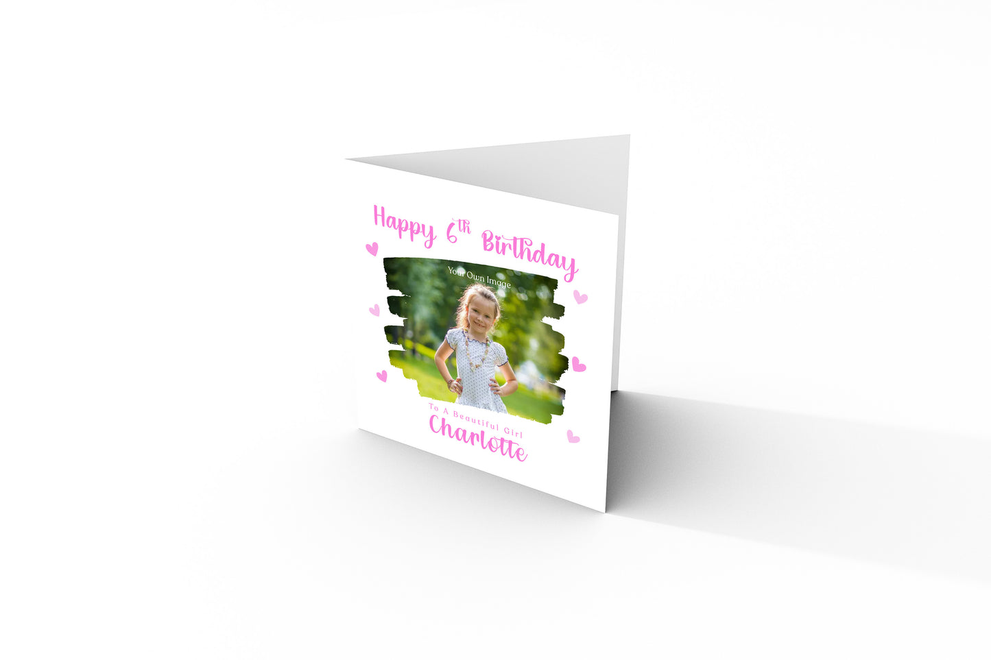 Personalised Photo 6 Years Old 6th Birthday Card for Girls – Brush-stroke Photo Frame with Custom Name & Message - Age 6 Birthday Card for Kids Daughter Granddaughter Niece - Pink Envelope Included