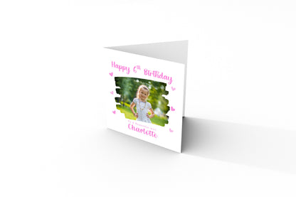 Personalised Photo 6 Years Old 6th Birthday Card for Girls – Brush-stroke Photo Frame with Custom Name & Message - Age 6 Birthday Card for Kids Daughter Granddaughter Niece - Pink Envelope Included