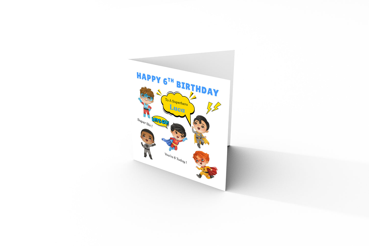 Personalised 6th Birthday Card for Superhero Boys – Superhero Design with Custom Name and Message, Age 6 Years Old Birthday Card for Kids, Children, Boy, Son, Grandson, Nephew– Blue Envelope Included
