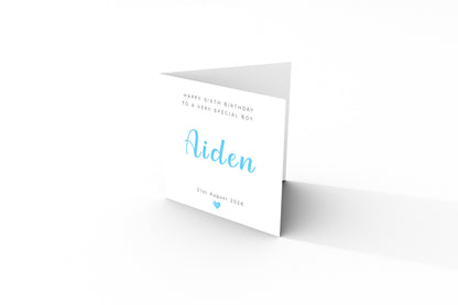 Personalised 6th Birthday Card for Boys – Minimalist Design with Custom Name, Birthday and Message, Age 6 Years Old Birthday Card for Kids, Children, Boy, Son, Grandson, Nephew– Blue Envelope Included