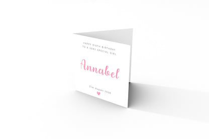 Personalised 6th Birthday Card for Girls – Elegant Minimalist Design with Custom Birthday, Name & Message - Age 6 Years Old Birthday Card for Kids Daughter Granddaughter Niece - Pink Envelope Included