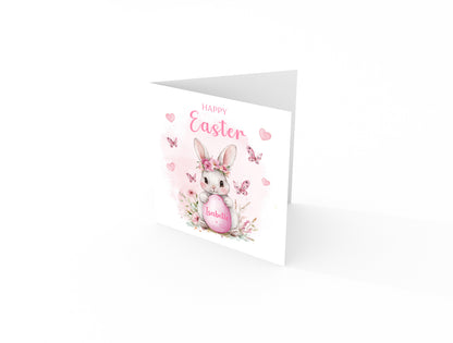 Personalised Happy Easter Bunny Card for Girls with Custom Name - Easter Rabbit and Egg Design for Daughter, Granddaughter, Niece, Kids, Girl, Baby Girl, Little One – Pink Envelope Included