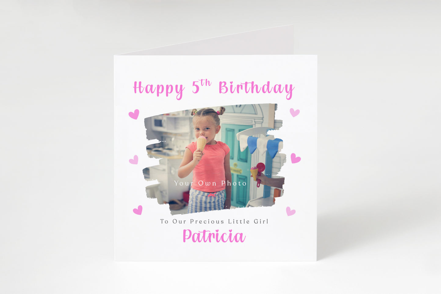 Personalised Photo 5 Years Old 5th Birthday Card for Girls – Brush Stroke Photo Frame with Custom Photo, Name & Message for Age 5 Years Old Kid, Daughter, Granddaughter, Niece with Pink Envelope