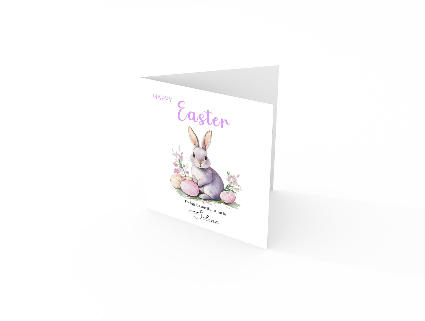 Personalised Happy Easter Card with Custom Name and Message - Purple Bunnies with Easter Eggs Design for Her, Mum, Grandma, Auntie, Daughter, Granddaughter, Niece, Girls – Purple Envelope Included (Copy)