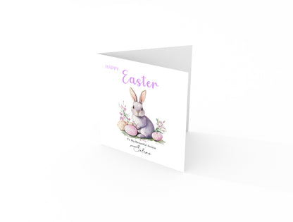 Personalised Happy Easter Card with Custom Name and Message - Purple Bunnies with Easter Eggs Design for Her, Mum, Grandma, Auntie, Daughter, Granddaughter, Niece, Girls – Purple Envelope Included (Copy)