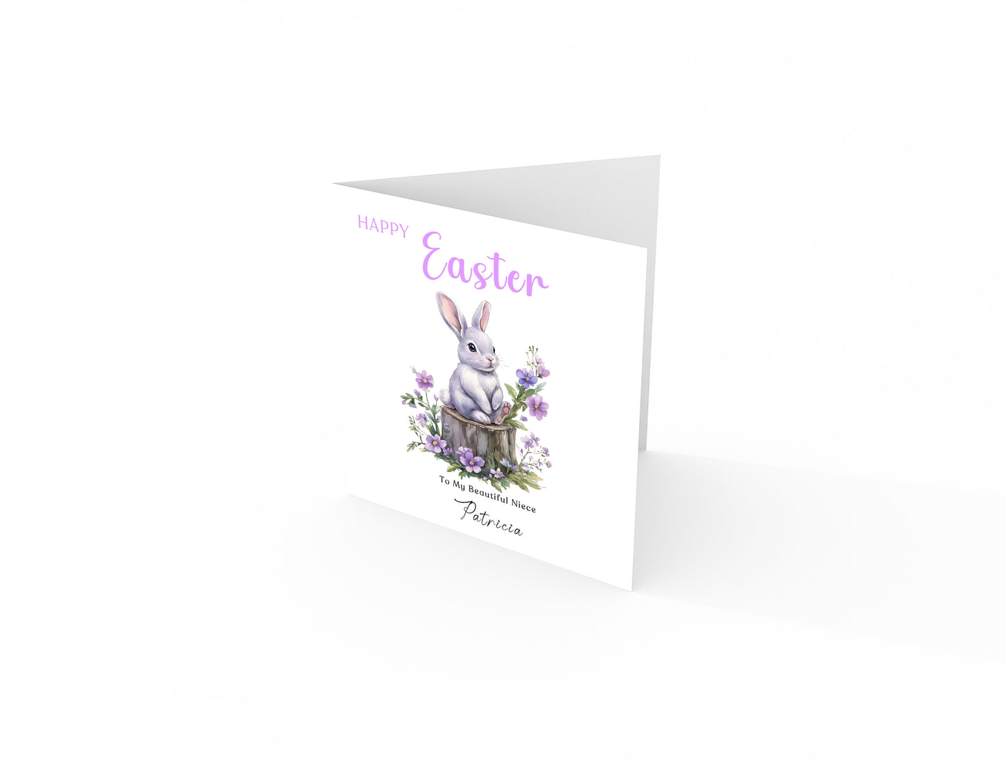 Personalised Happy Easter Card with Custom Name and Message - Purple Bunnies with Spring Flowers Design for Her, Mum, Grandma, Auntie, Daughter, Granddaughter, Niece, Girls – Purple Envelope Included