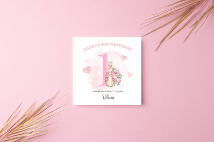Pink Rabbit -Personalised Watercolour Effect 1 Year Birthday Folded Card for Girls, Custom Name and Message One- Year Old Happy 1st Birthday Card, Customisable Birthday Card for Children